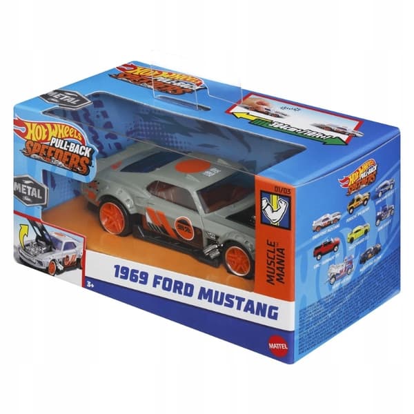 Hot Wheels 1969 Ford Mustang pull-back toy car, 1:64 scale