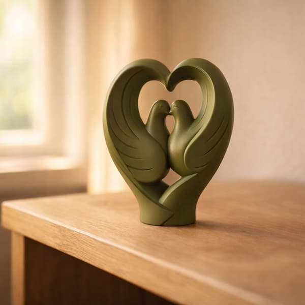 DECORATIVE FIGURINE: DOVES IN A HEART ON A BASE – MANY COLOURS