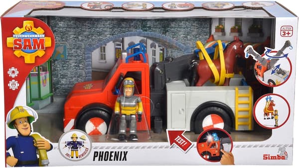 SAM PHOENIX FIRE ENGINE WITH HORSE FIGURINE, LIGHT-UP CRANE, 23 CM
