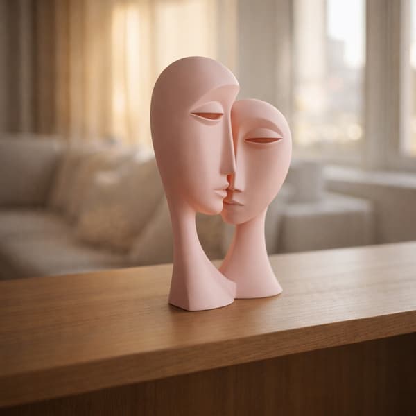 DECORATIVE ABSTRACT FIGURINE FEATURING A PAIR OF FACES ON A BASE – MANY COLOURS