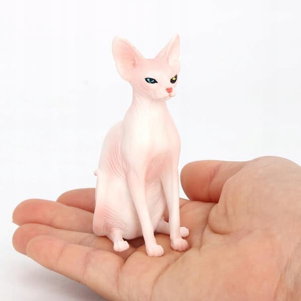 Sphynx Cat Simulation: Hairless Cat Figurine, Sitting Pose, Animal Model, Left-Facing