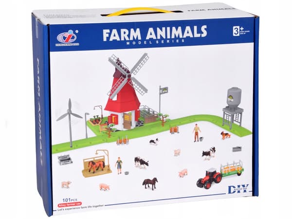 FARM SET: FARM, MILL WITH WINDMILL + ACCESSORIES: TRACTOR AND ANIMALS