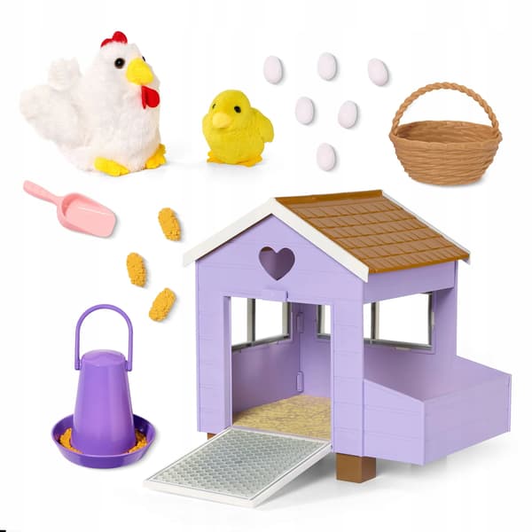 Our Generation chicken coop with an egg-laying hen, a chick and accessories
