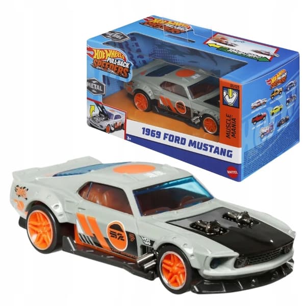 Hot Wheels 1969 Ford Mustang pull-back toy car, 1:64 scale