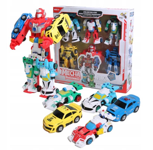 LARGE SET OF 5 SOUND-EFFECT ROBOT FIGURES THAT TRANSFORM INTO A CAR