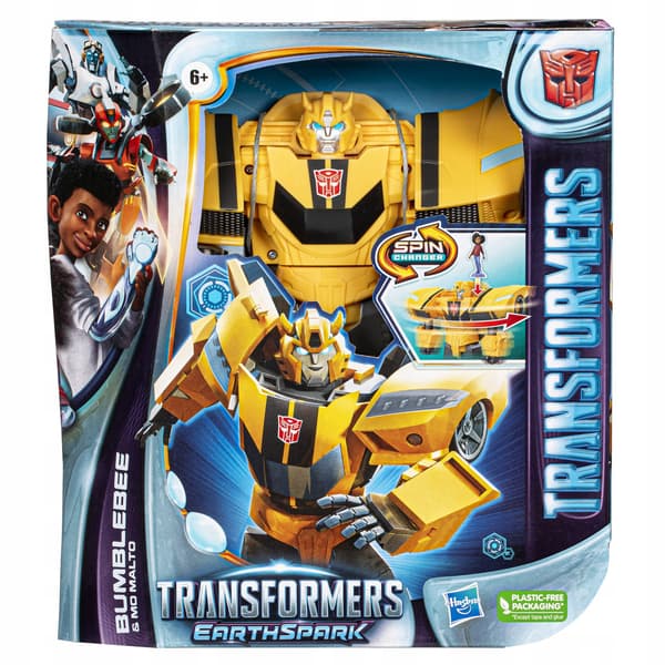 Transformers EarthSpark Bumblebee Spin Changer, Mo Malto figure, ages 6+