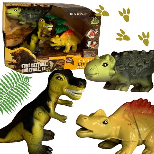 SET OF 3 DINOSAURS – THREE FIGURINES, DIFFERENT TYPES, A SMALL TREE – A SET FOR CHILDREN