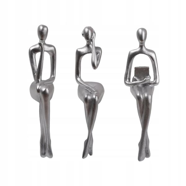 3 PIECES: Seated Thinker Statue, Abstract, Silver