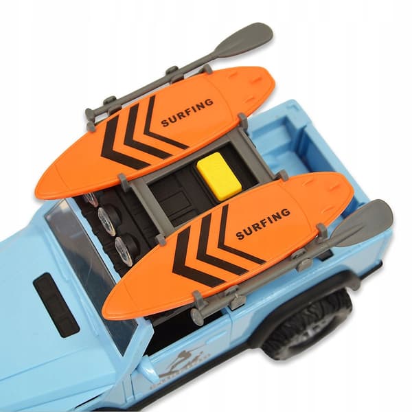 A battery-powered Jeep with a surfboard