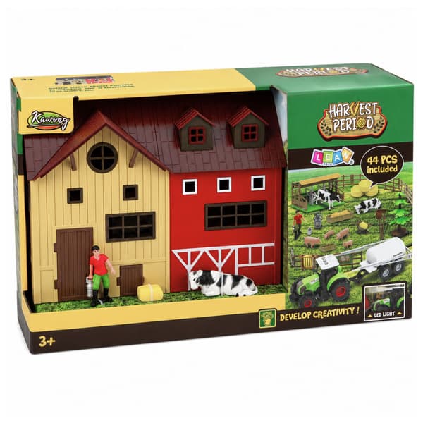 A FARM WITH A TRACTOR AND A BARN, ANIMALS