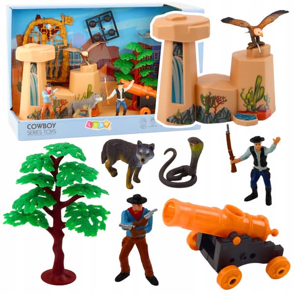 WILD WEST COWBOY SET: FIGURES, CANNON, ACCESSORIES, BOAT, WEAPONS