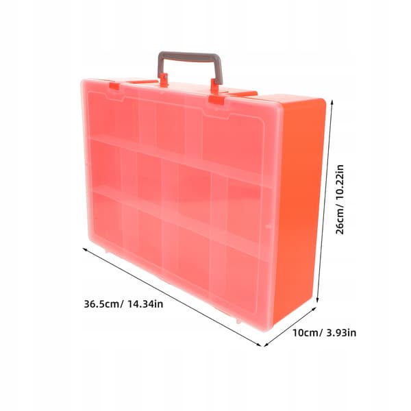 ORANGE PLASTIC STORAGE BOX FOR BUILDING BLOCKS, WITH A HANDLE AND COMPARTMENTS