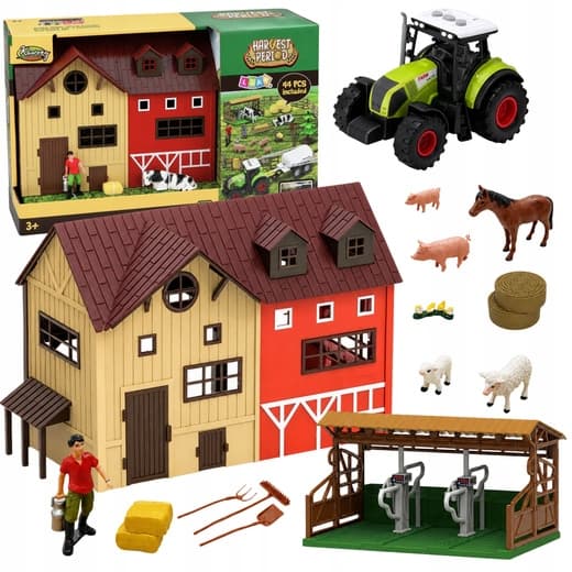 A FARM WITH A TRACTOR AND A BARN, ANIMALS