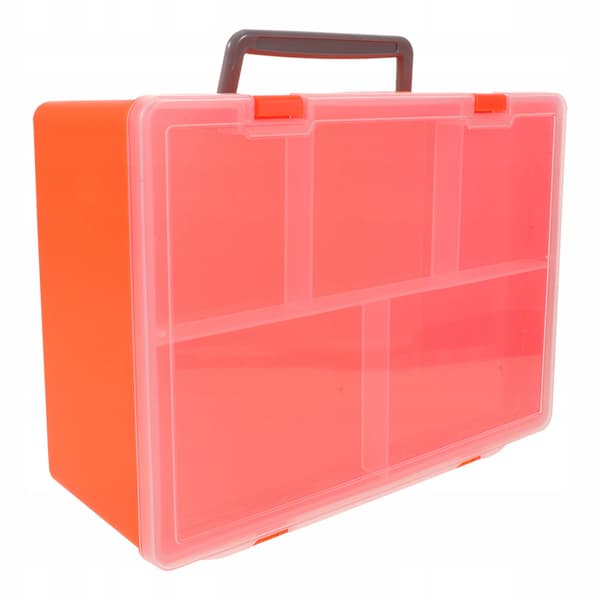 STORAGE BOX FOR BUILDING BLOCKS WITH A TRAY AND A SECURE LID THAT CLOSES WITH