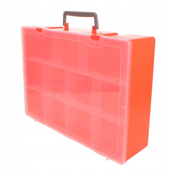 ORANGE PLASTIC STORAGE BOX FOR BUILDING BLOCKS, WITH A HANDLE AND COMPARTMENTS