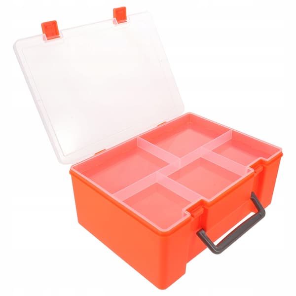 STORAGE BOX FOR BUILDING BLOCKS WITH A TRAY AND A SECURE LID THAT CLOSES WITH