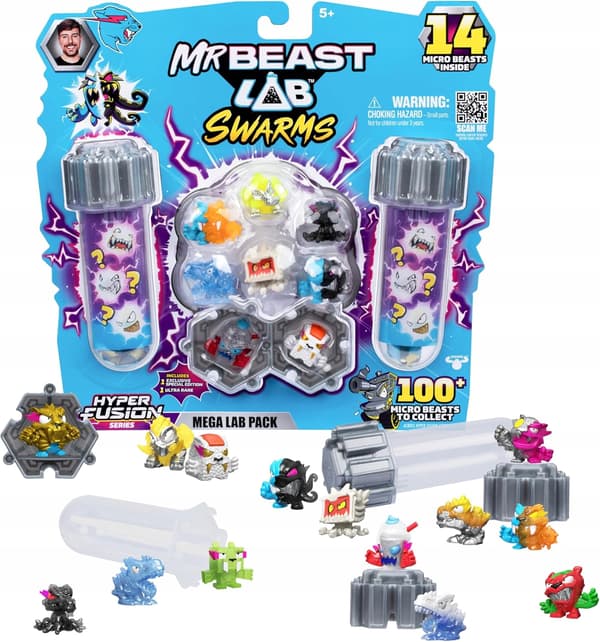 Mr Beast Lab Swarms Mega Lab 1 Pack of 14 Micro Beasts Figures, 3 cm
