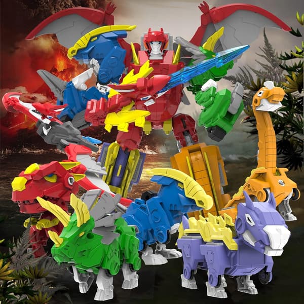 6-IN-1 TRANSFORMING DINOSAUR ROBOT SET WITH 6 DINOSAUR FIGURES