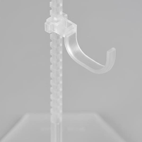Action figure display stand with a stable base. Adjustable display holder. Black, oval.