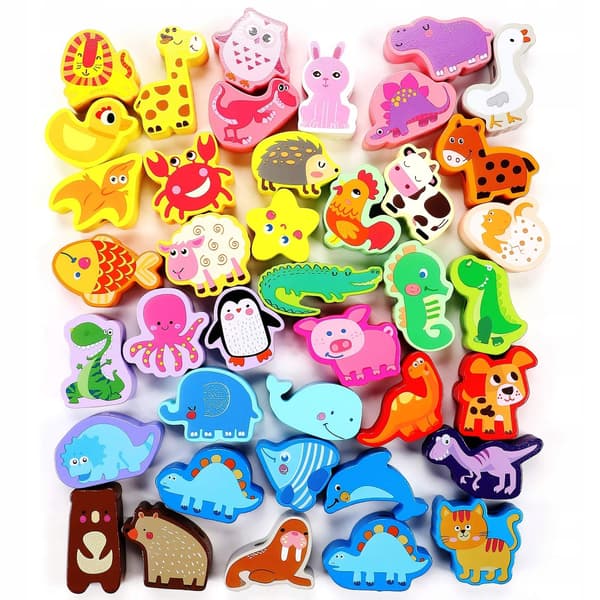 Wooden Animal Bead Figurine Building Blocks for Stringing, 40 pieces