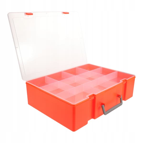 ORANGE PLASTIC STORAGE BOX FOR BUILDING BLOCKS, WITH A HANDLE AND COMPARTMENTS