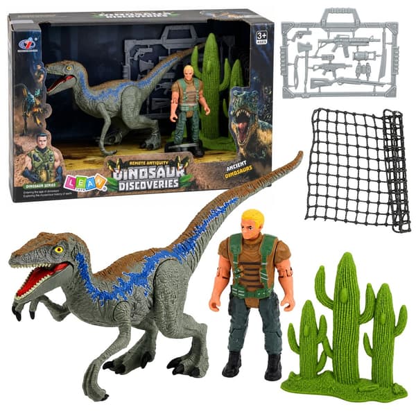 FIGURINE SET – DINOSAUR WITH MOVABLE LIMBS, HUNTER, WEAPON, NET