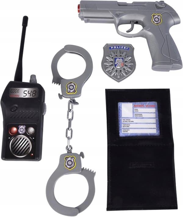 BASIC POLICE KIT: PISTOL, RADIO, HANDCUFFS, BRIEFCASE