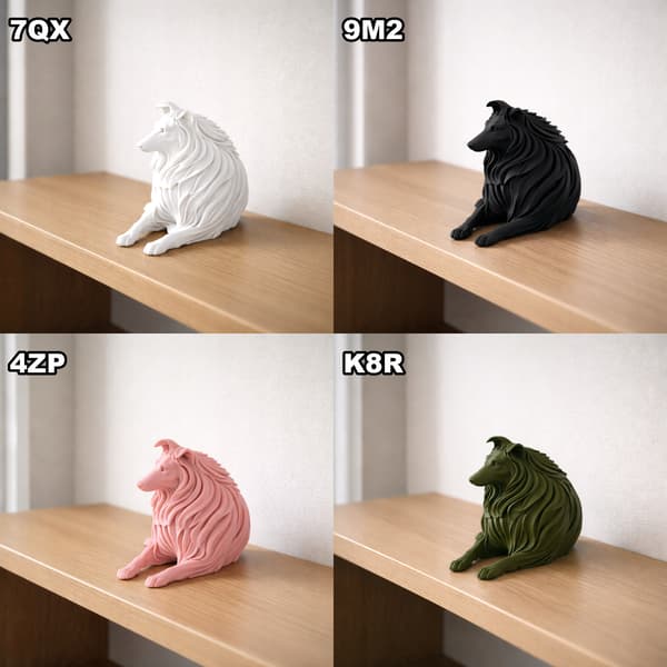 DECORATIVE FIGURINE: LYING ROUGH COLLIE DOG, OPENWORK, MULTICOLOURED