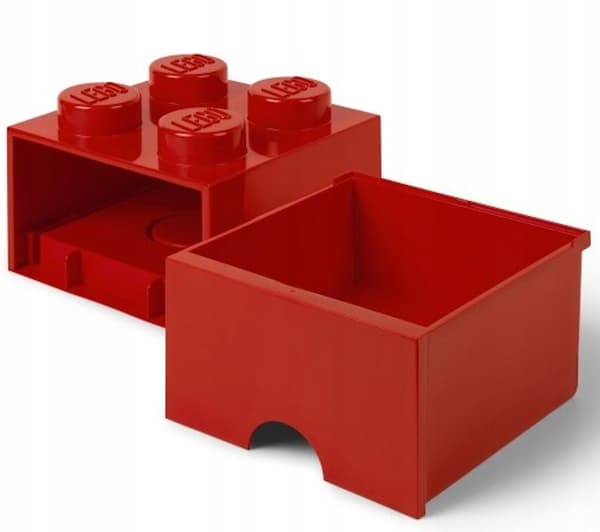 LEGO 4-Compartment Brick Storage Box with Drawer, 2x2 Container, Large Red Box