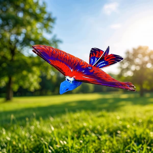 Battery-powered remote-controlled flying bird with a blue, articulated, hand-thrown design