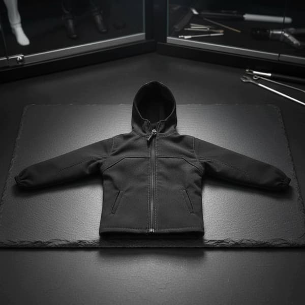 1:6 scale hooded jacket. Functional zip. 1:6 scale hunting coat. Black