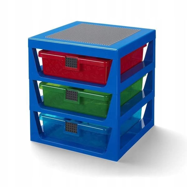 Blue LEGO bookcase with 3 drawers and a building plate