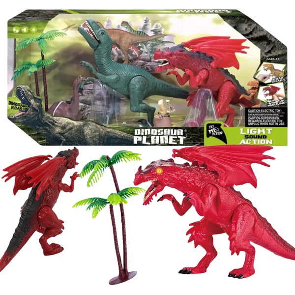 DINOSAUR SET: 4 FIGURES, 2 TREES, SOUND AND LIGHT EFFECTS – A GIFT