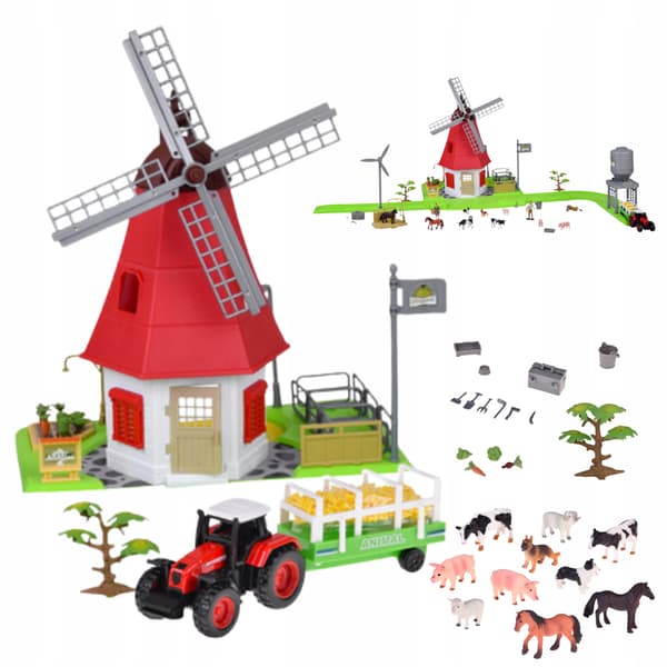 FARM SET: FARM, MILL WITH WINDMILL + ACCESSORIES: TRACTOR AND ANIMALS