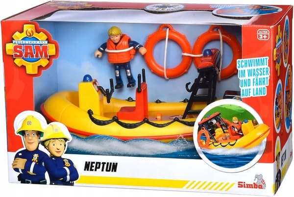 Fireman Sam Neptune boat – mechanical figurine with winch, floats, yellow – SIMBA