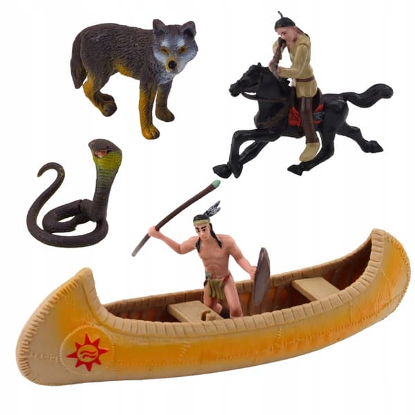 Native American Set with a Canoe, Totem Pole and Animals