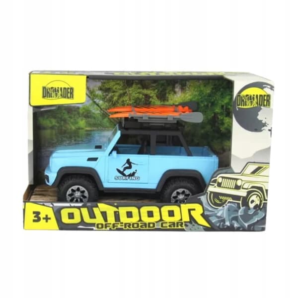 A battery-powered Jeep with a surfboard