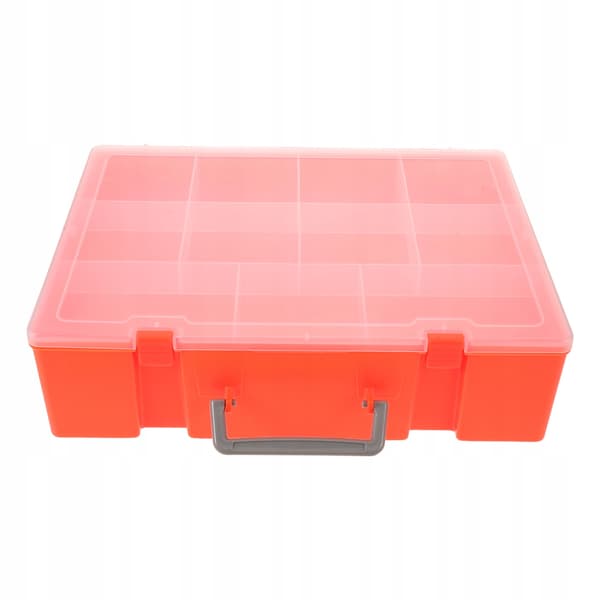 ORANGE PLASTIC STORAGE BOX FOR BUILDING BLOCKS, WITH A HANDLE AND COMPARTMENTS