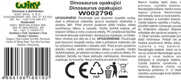 Wiky 23 cm interactive talking dinosaur that repeats sounds, battery-operated