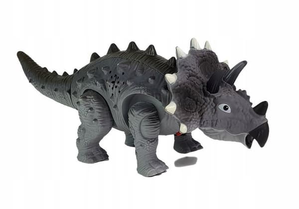 Battery-operated walking, light-up grey Triceratops dinosaur