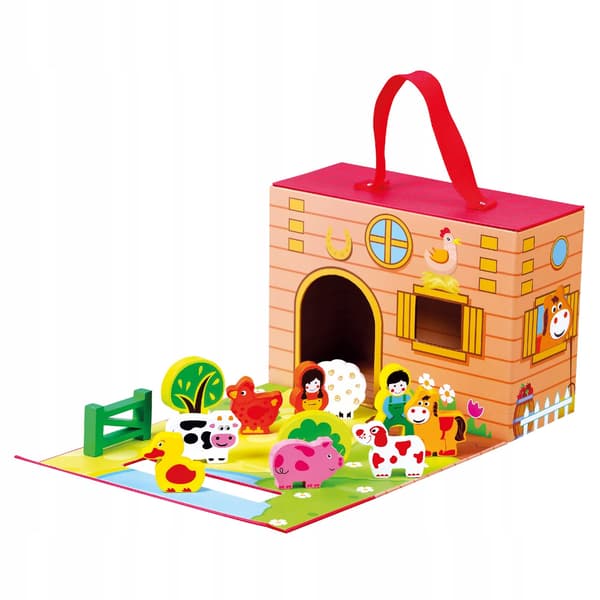 A suitcase with a farm theme and a play area