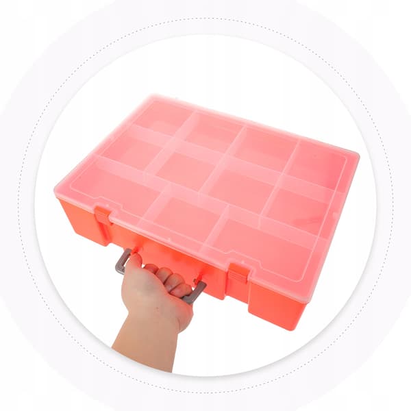 ORANGE PLASTIC STORAGE BOX FOR BUILDING BLOCKS, WITH A HANDLE AND COMPARTMENTS