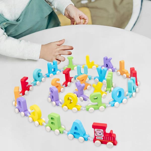 Alfabety wooden train set for developing hand-eye coordination in young children