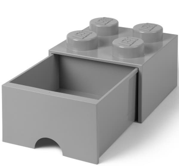 LEGO 4-Compartment Brick Storage Box with Drawer, 2x2 Container, Large Grey Box