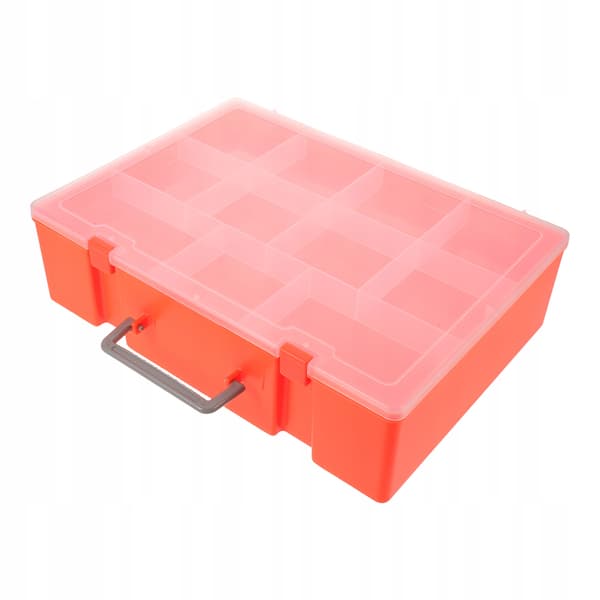 ORANGE PLASTIC STORAGE BOX FOR BUILDING BLOCKS, WITH A HANDLE AND COMPARTMENTS