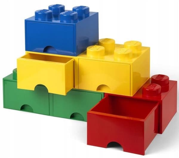 LEGO 4-Compartment Brick Storage Box with Drawer, 2x2 Container, Large Red Box