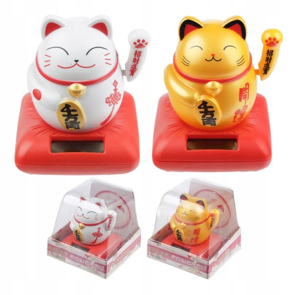 Solar-powered lucky cat figurine waving its paw
