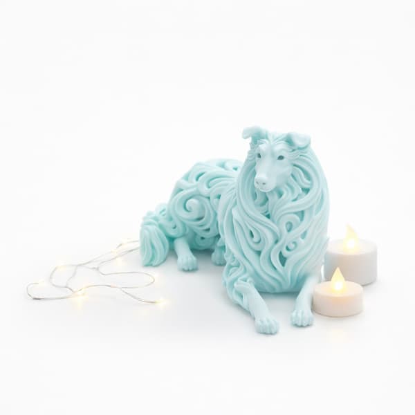 DECORATIVE FIGURINE: LYING ROUGH COLLIE DOG, OPENWORK, MULTICOLOURED