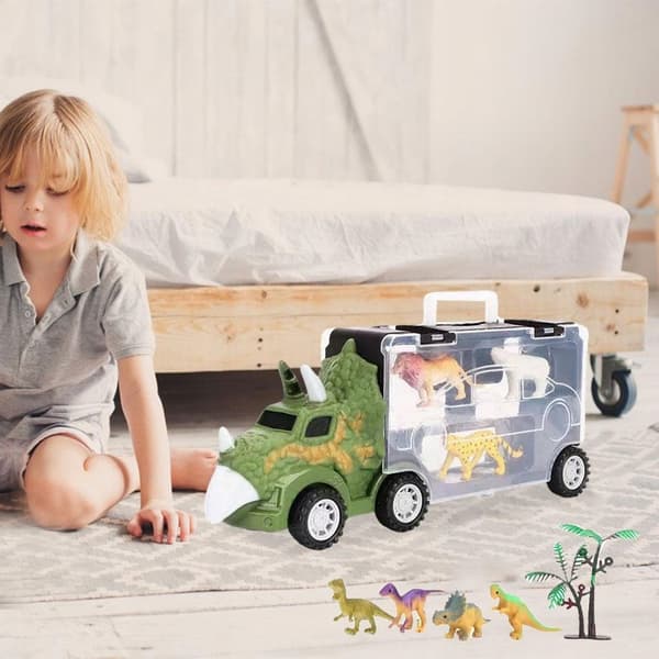 Transport truck with 4 mini plastic animals – Pull Short Triceratops play set