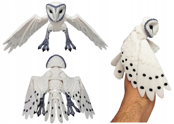 Movable Barn Owl Figurine, Articulated, 3D-Printed, Colourful, White Model